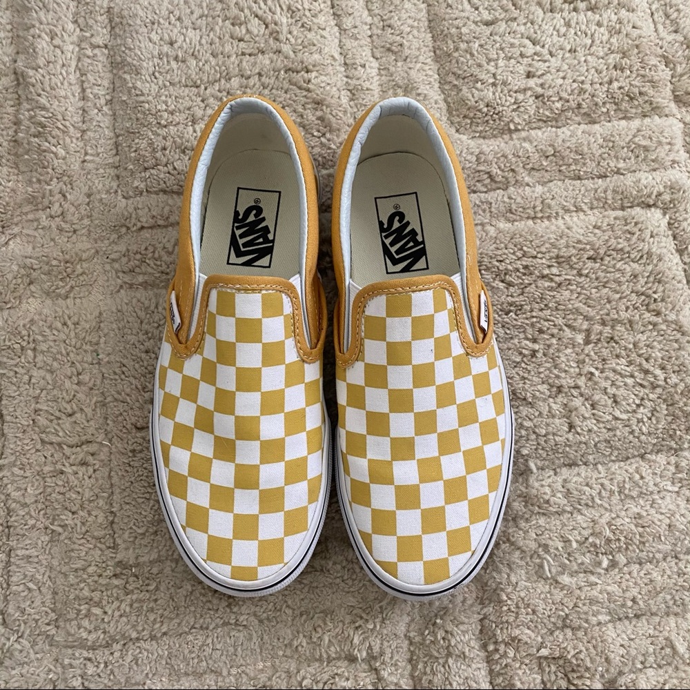 Mustard yellow checkerboard slip on vans